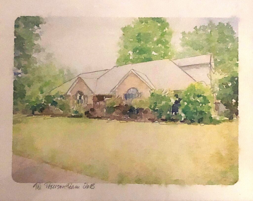 Watercolored picture of a home on a hill
